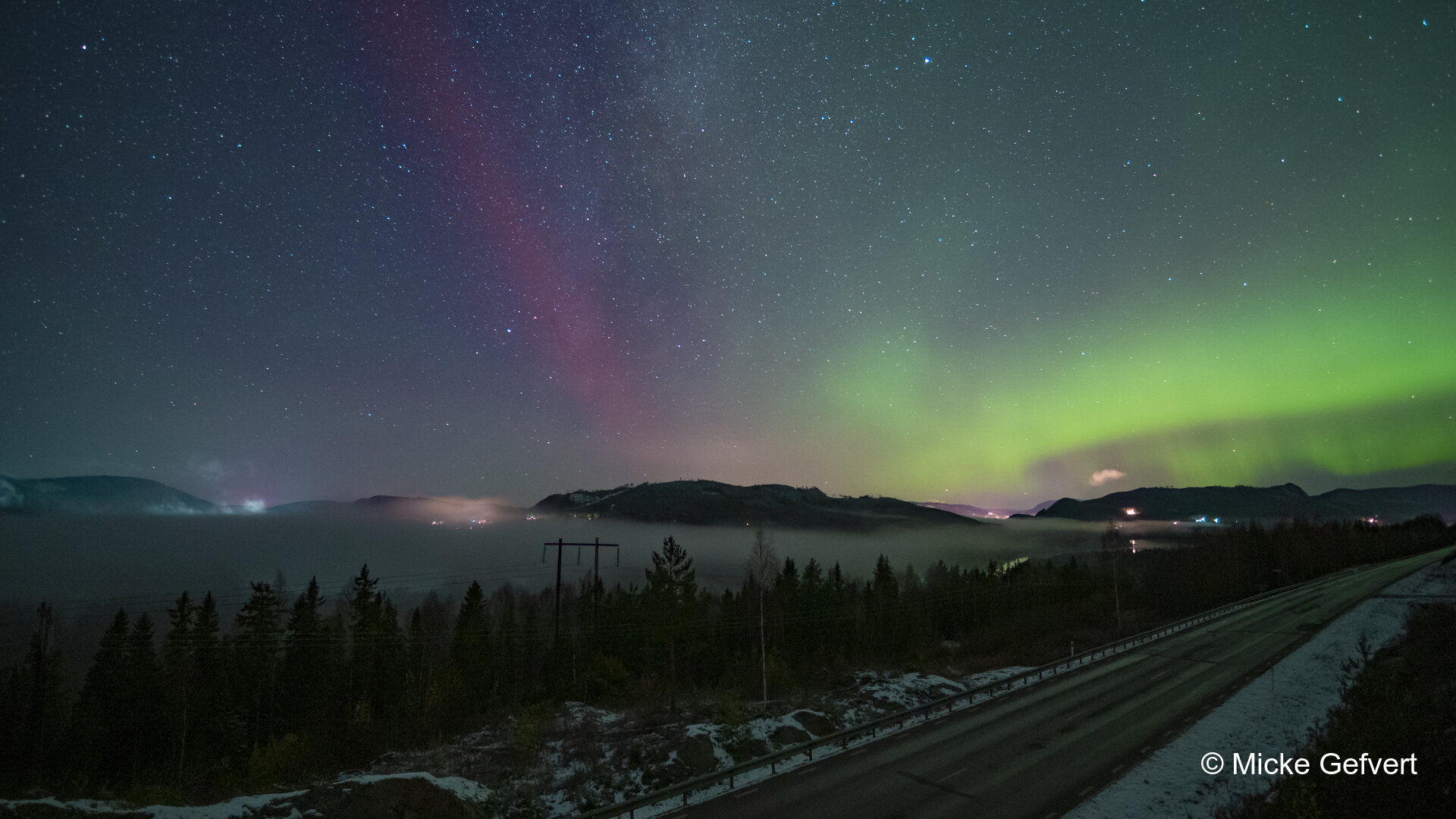 gront norrsken over skog fotografi Jämtland
